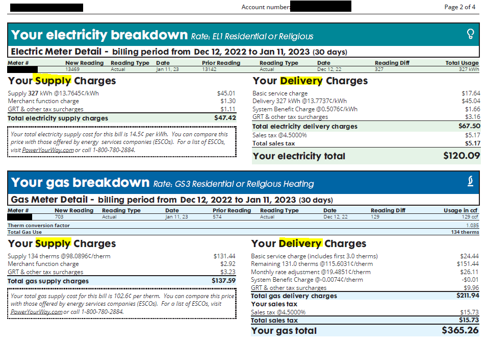 A sample bill for Con Edison residential customers. 